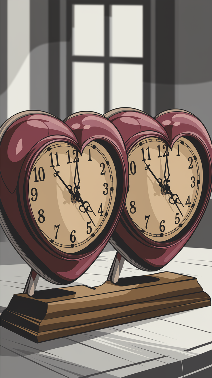 Two heart-shaped clocks in sync relates to love.