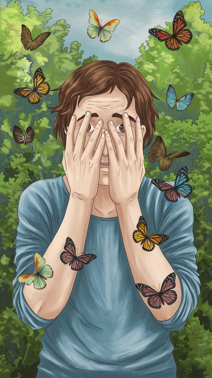 A picture of a person with butterflies all around them.