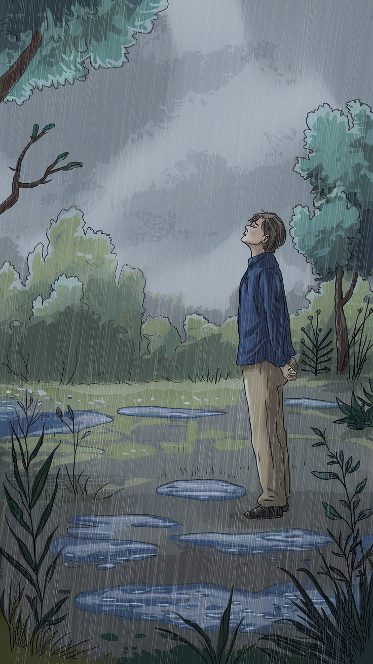 A drawing of a person smelling the rain.